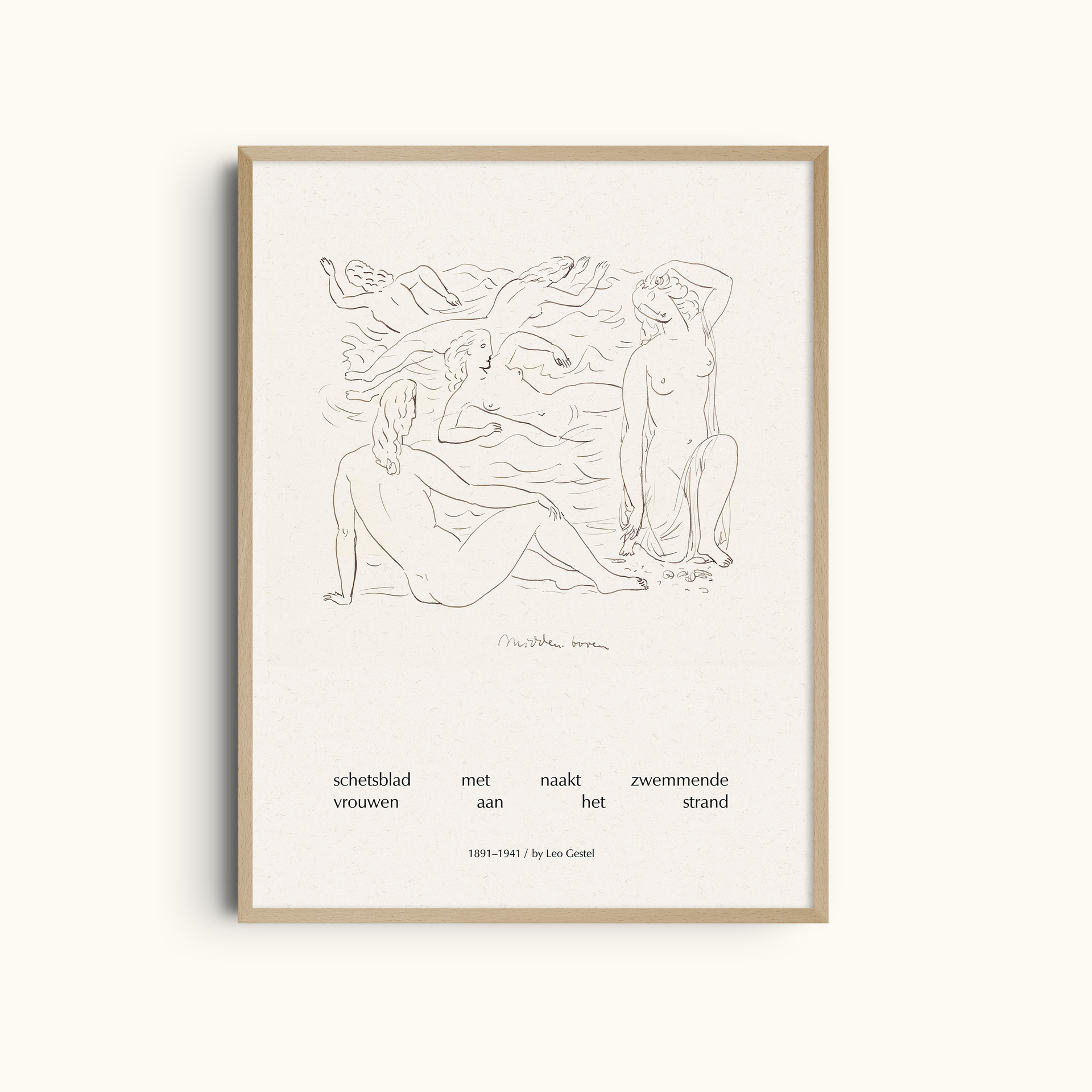 Figurative Line Drawing | Nude Bathers Coastal Art Print by Leo Gestel